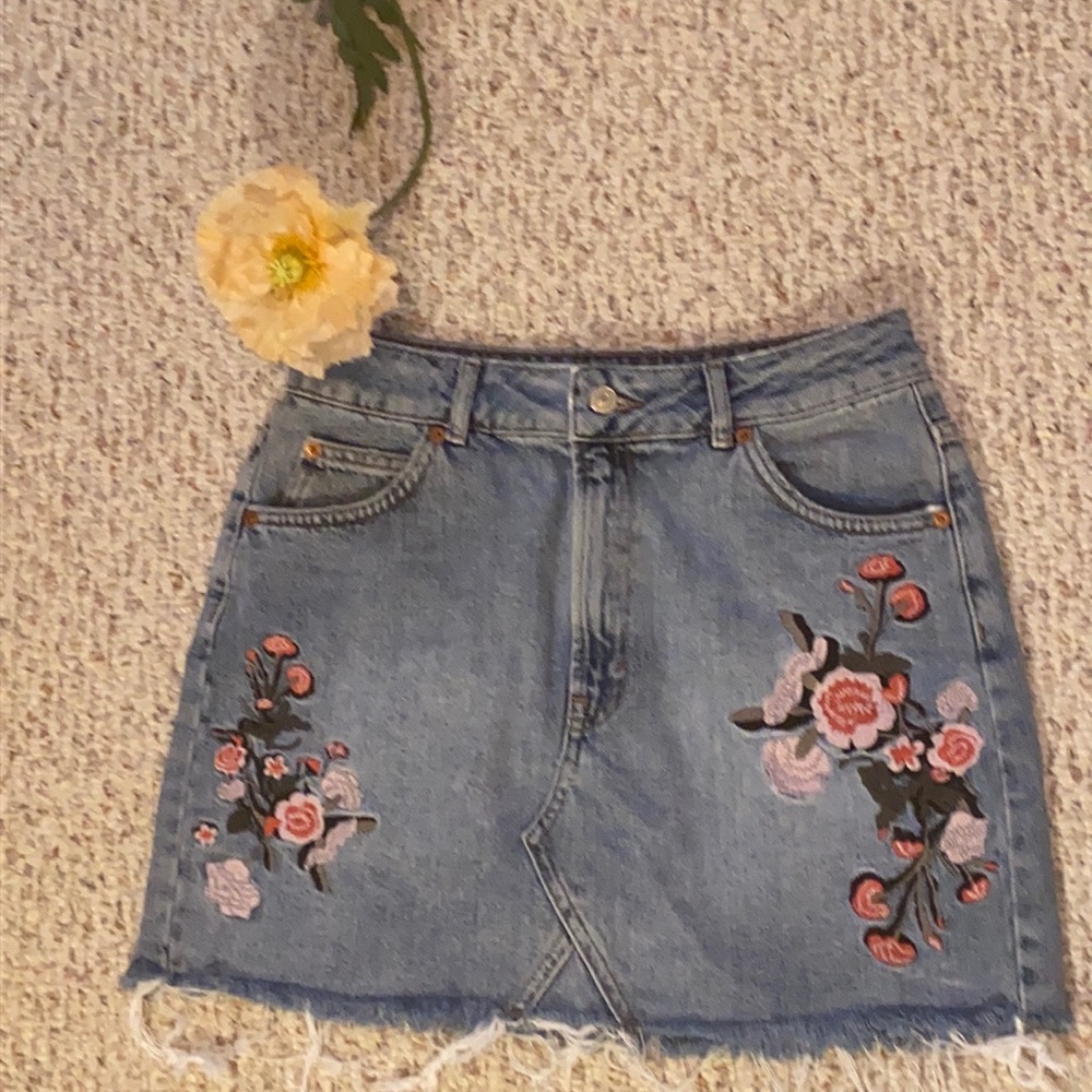Topshop Denim skirt with floral embroidery